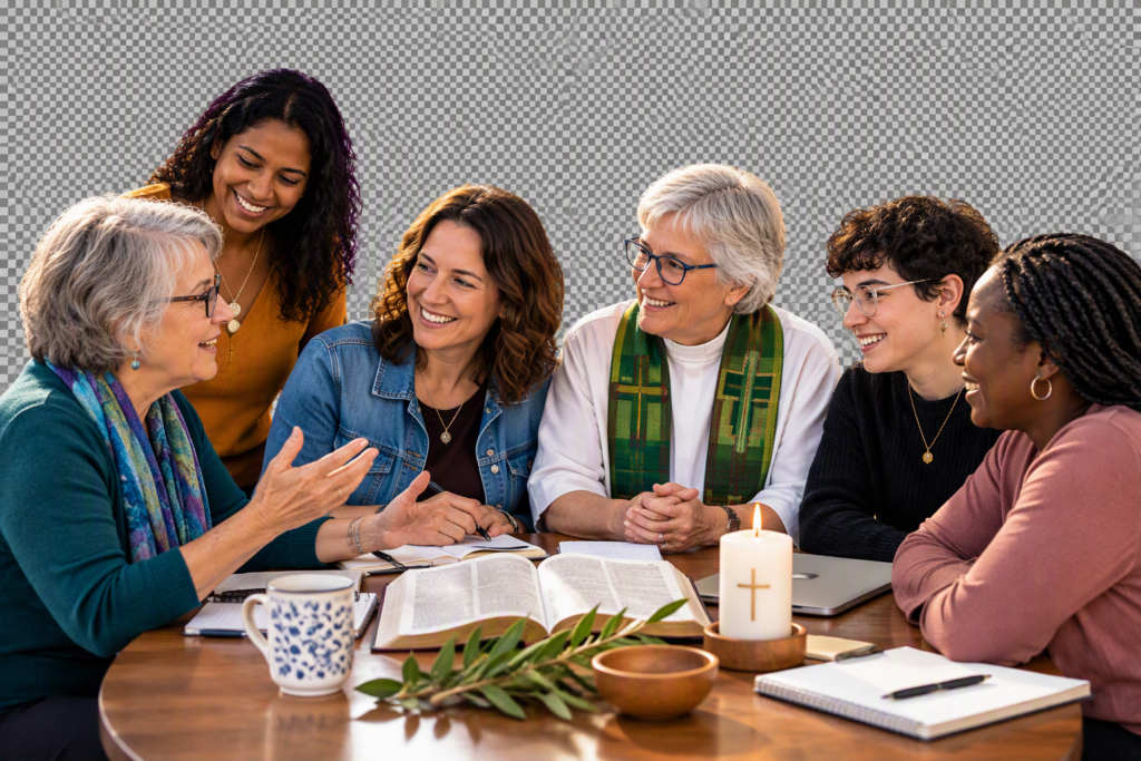 People gathered for prayer, study and discussion around an open Bible, illustrating the idea of a discipleship of equals.