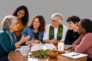 People gathered for prayer, study and discussion around an open Bible, illustrating the idea of a discipleship of equals.